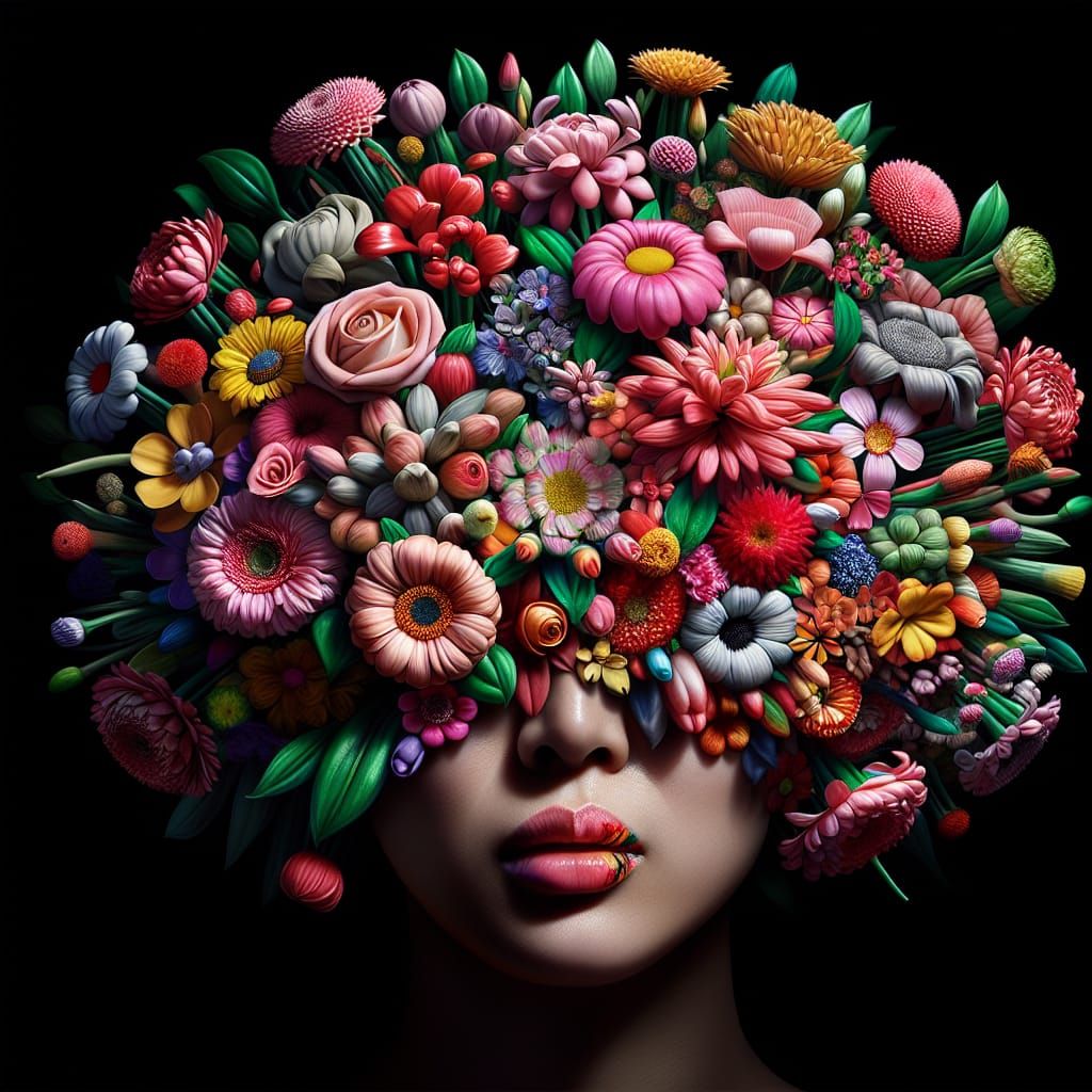 Asian Woman Transformed into Surreal Flower Bouquet