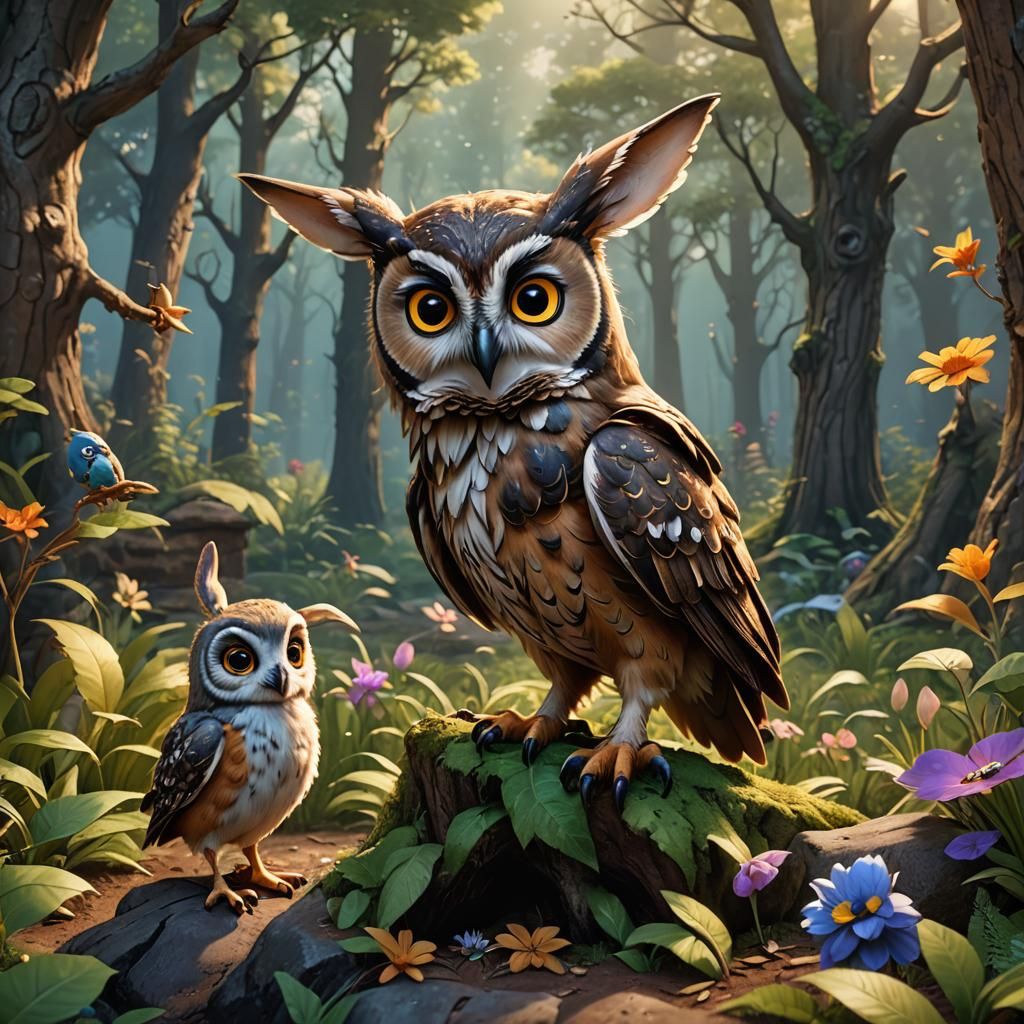 Enchanted Forest Scene with Owl, Fawn, and Rabbit