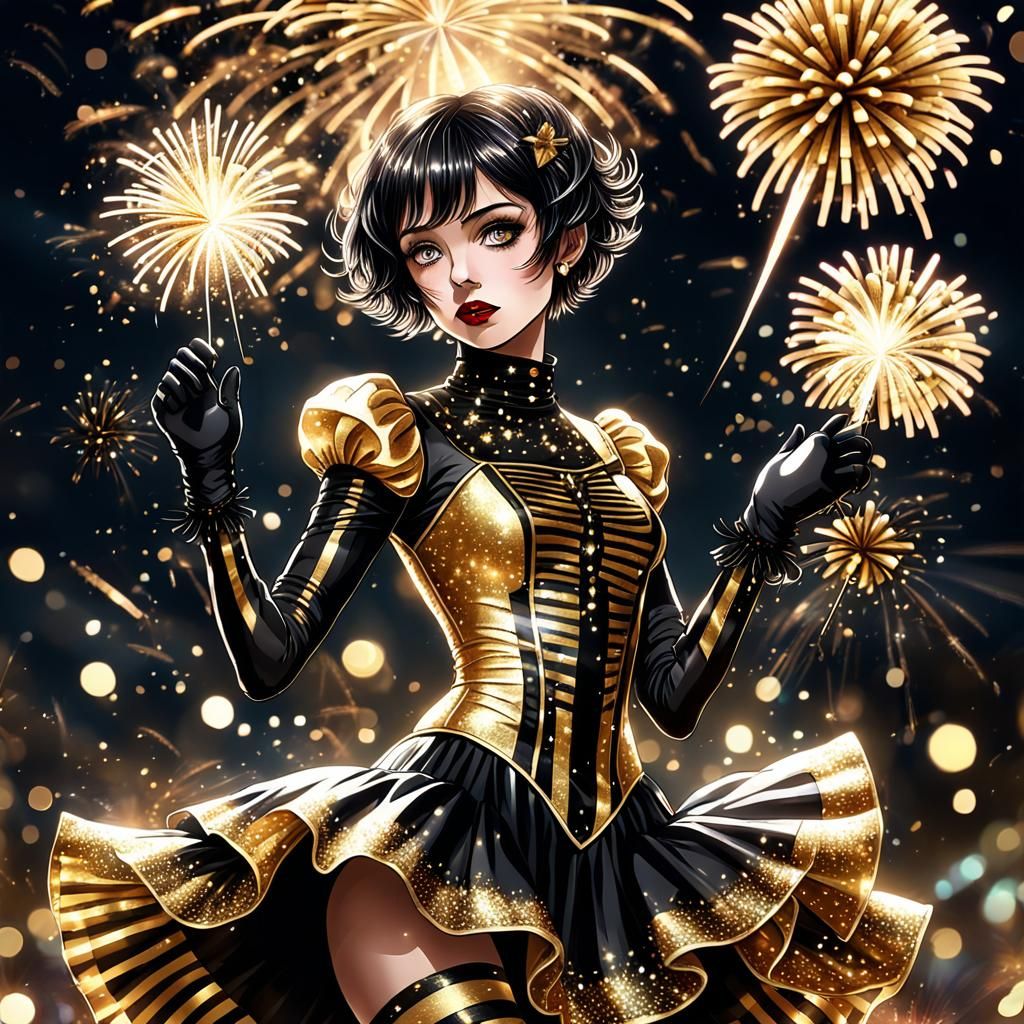 Glamorous Goth Woman in Gold and Black Anime Art