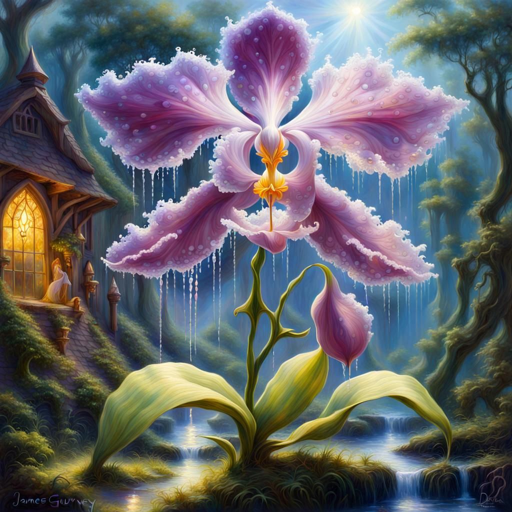 Dew-Kissed Magic Orchid: A Hyperdetailed Fantasy Oil Paintin...