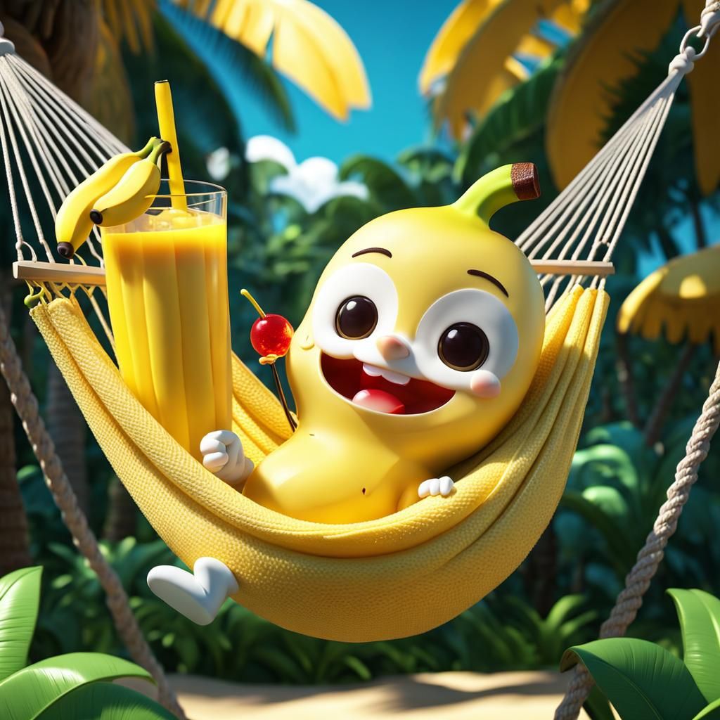 Chibi Banana in Hammock: Surreal 3D Image