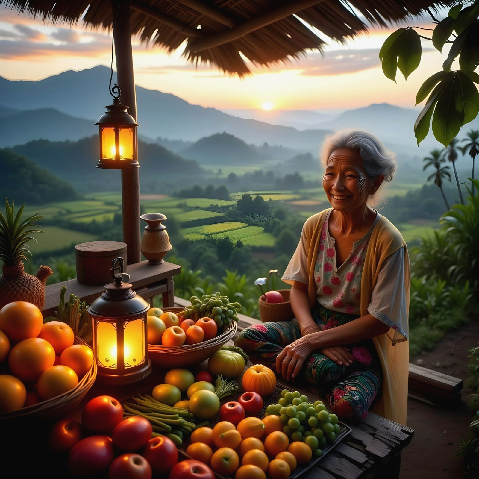 Smiling Elderly Balinese Woman in Enchanted Twilight Landsca...