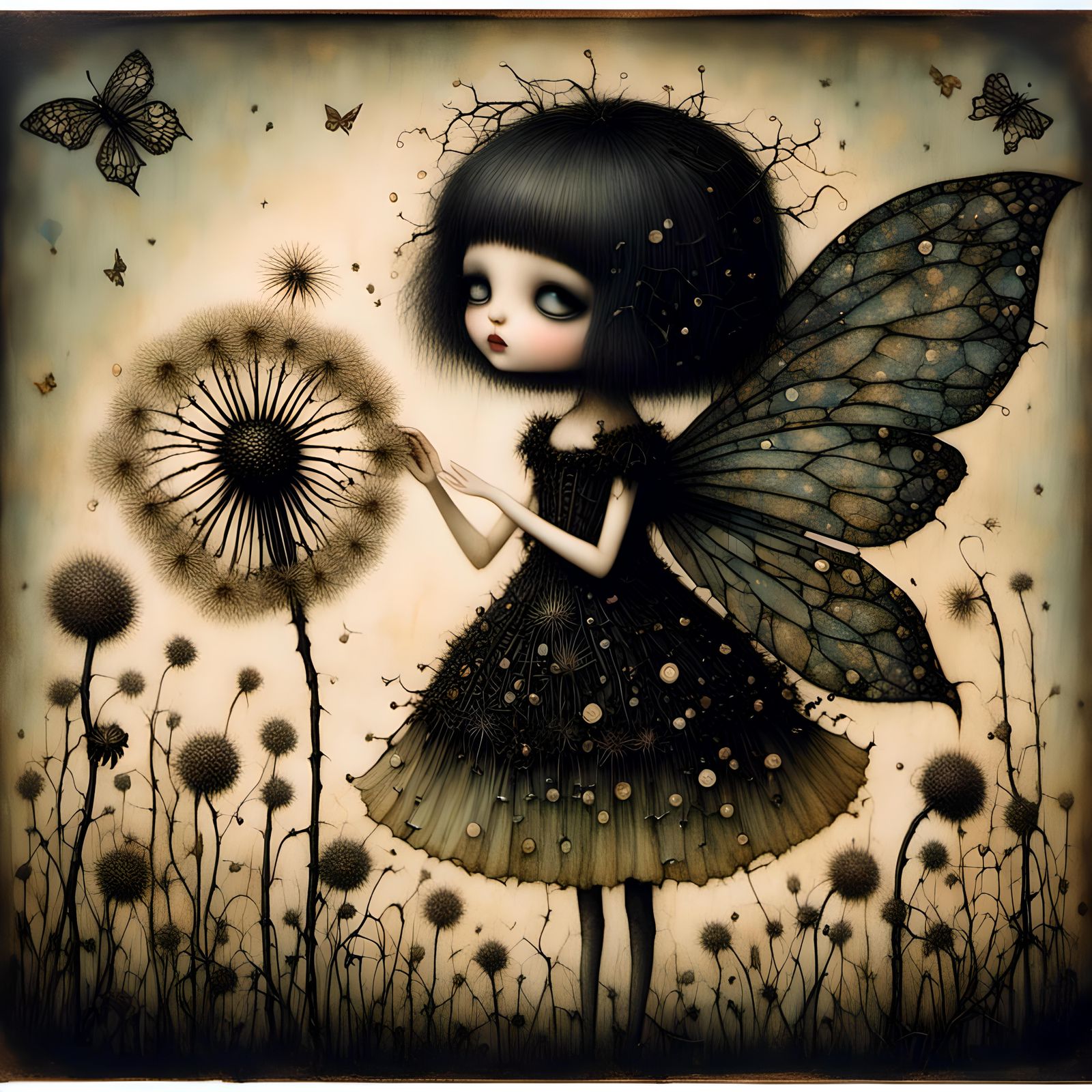 Dandelion Dark Wish Fairy in Gothic Whimsical Style