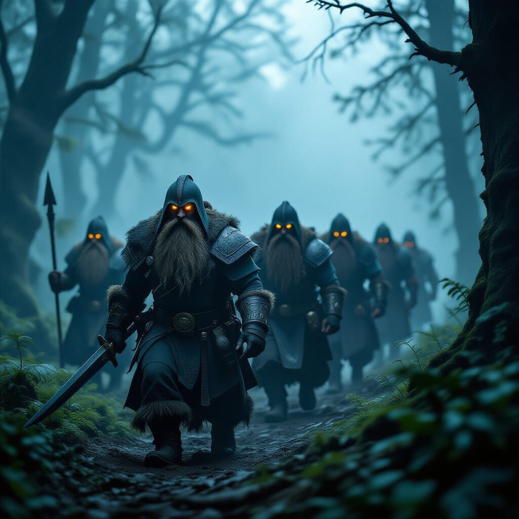 Dwarven Warriors in Foggy Ancient Forest