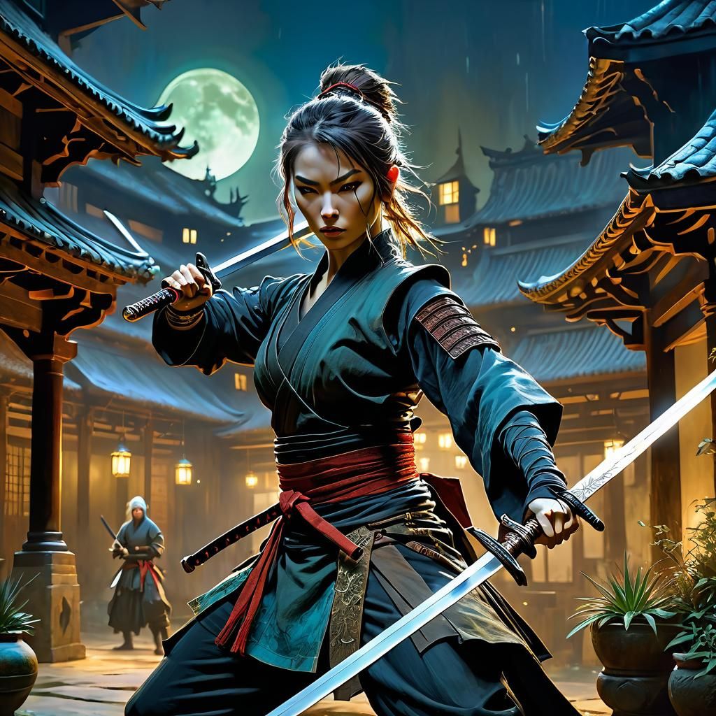 Beautiful Ninja Woman in Courtyard, Anime Style