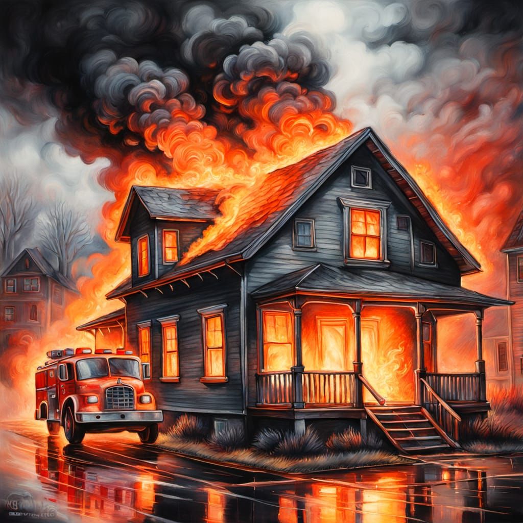 Burning House and Fire Truck in Gouache Style
