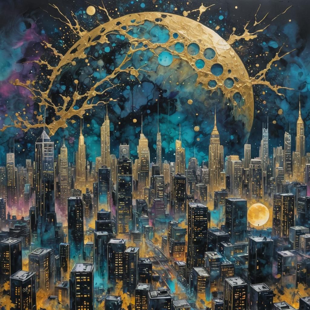 Cyberpunk Cityscape with Detailed Moon in Alcohol-Ink Style