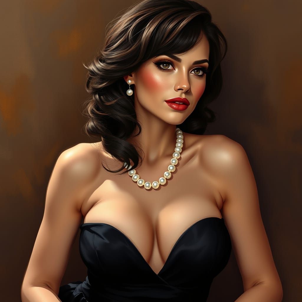 A digital painting of a glamorous portrait against a textured brown background. The subject wears a strapless black sati...