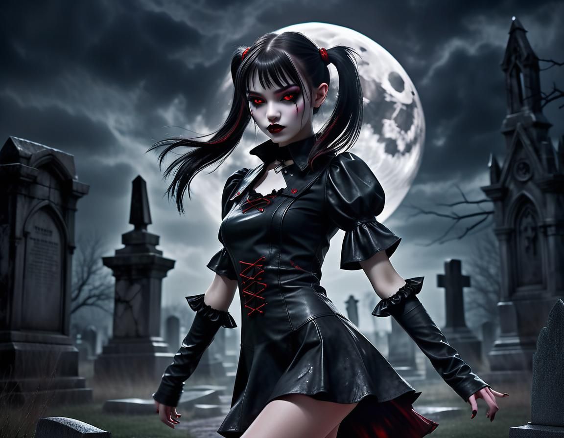 Vampire Girl Dancing in Gothic Cemetery