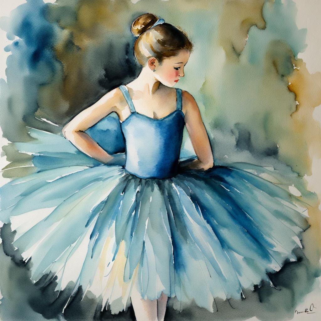 Ballerina in Blue Tutu: Whimsical Watercolor