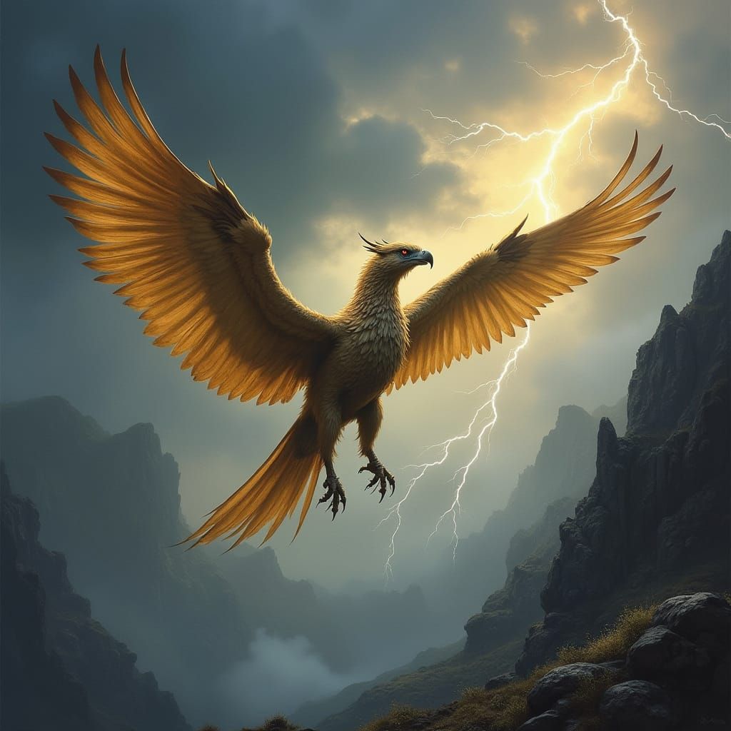 Griffin Soaring Through Stormy Sky in Fantasy Style