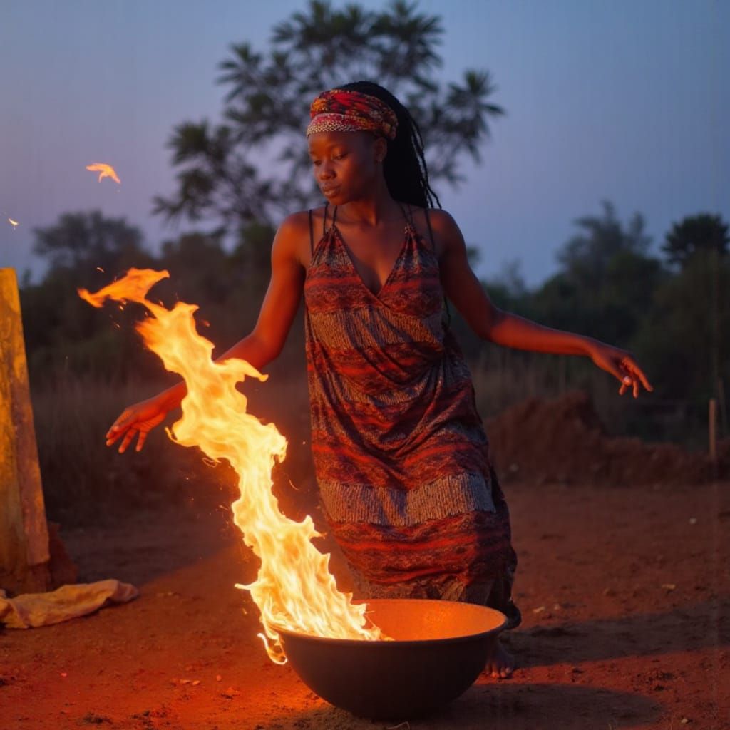 African Village Woman Dances by Firelight in a Vibrant, Dyna...