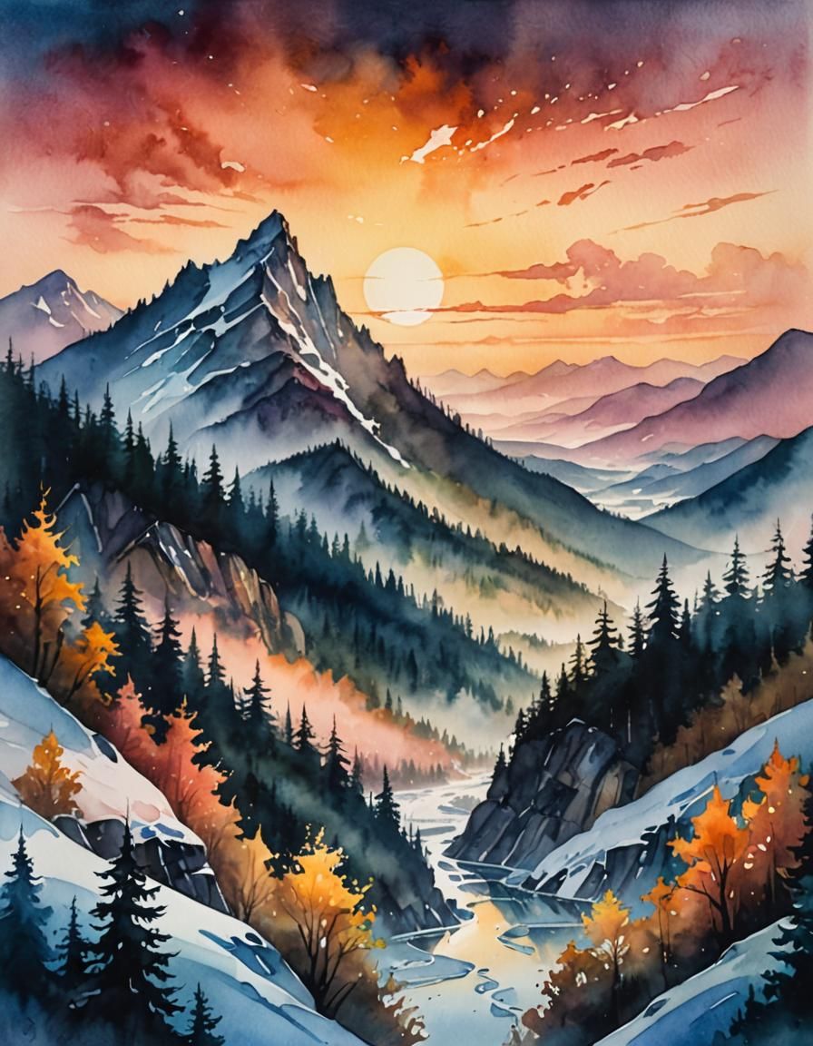 Surreal Watercolor Landscape with Mystical Mountain Light