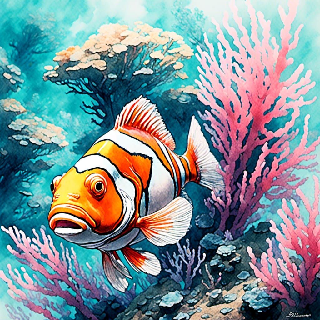 Clownfish on Reef in Watercolor Digital Rendering