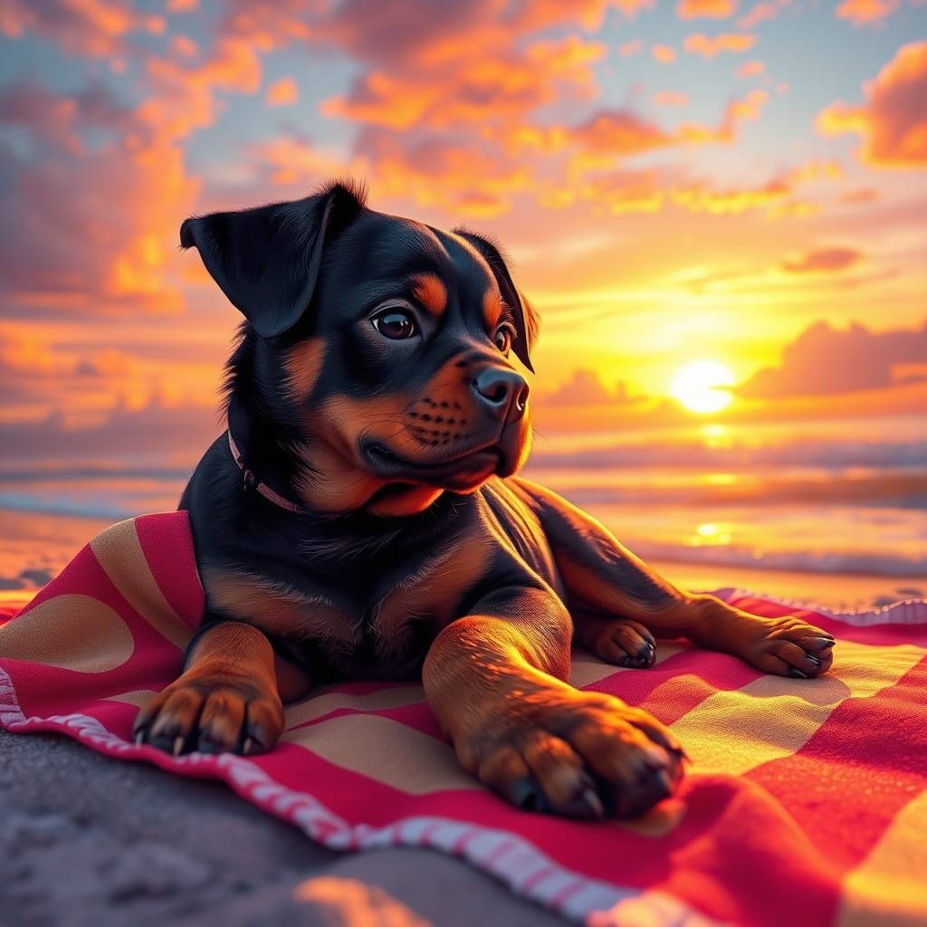 Surreal Sunset Rottweiler Beach Scene in Hyper-Realistic Sty...