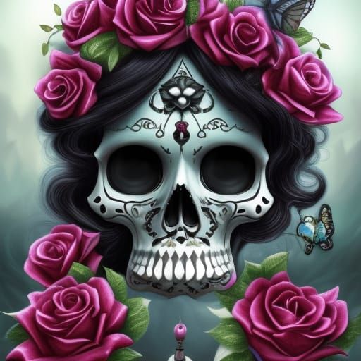 Skull with Black Roses in Burtonesque Style