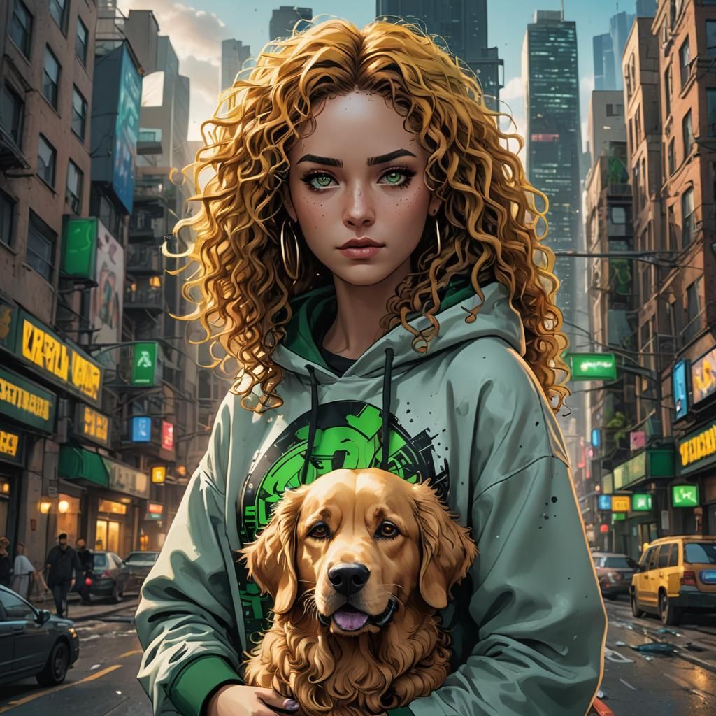 Cyberpunk Comic Book Hero Girl with Dog