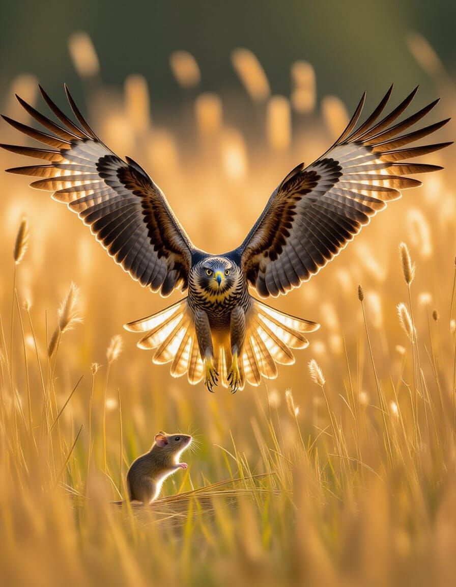 Hawk Swooping on Mouse in Golden Grass
