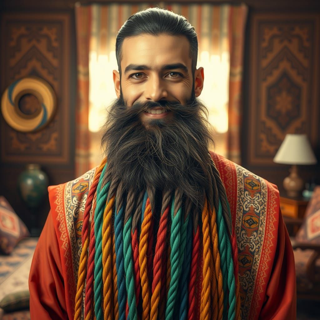 Middle Eastern man with a long beard braided into colorful ropes