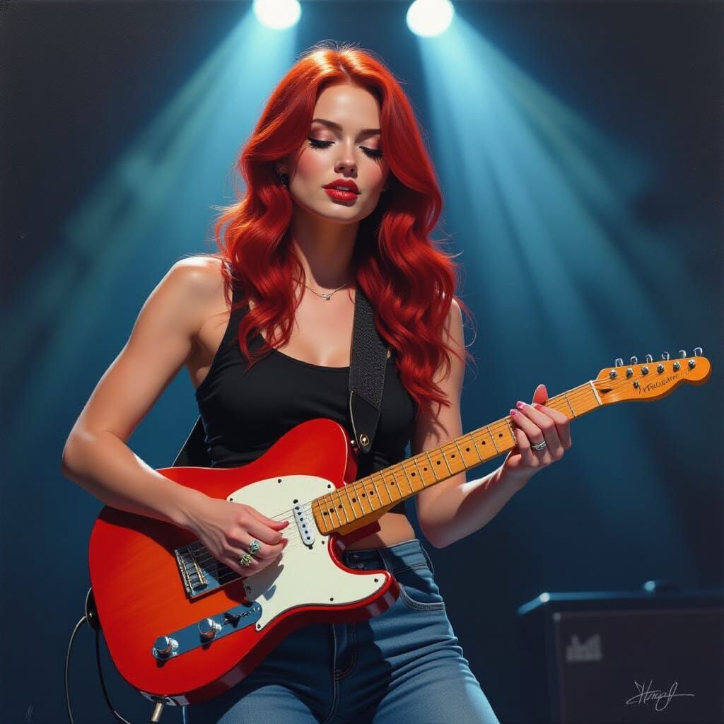 Woman Playing Guitar in Realistic Oil Painting