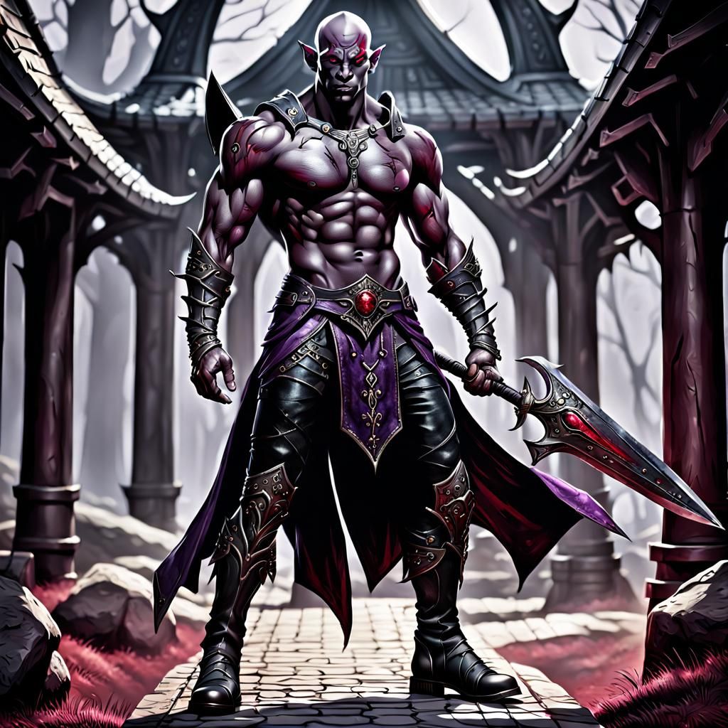 Muscular Dark Elf Warrior in Black Leather Boots