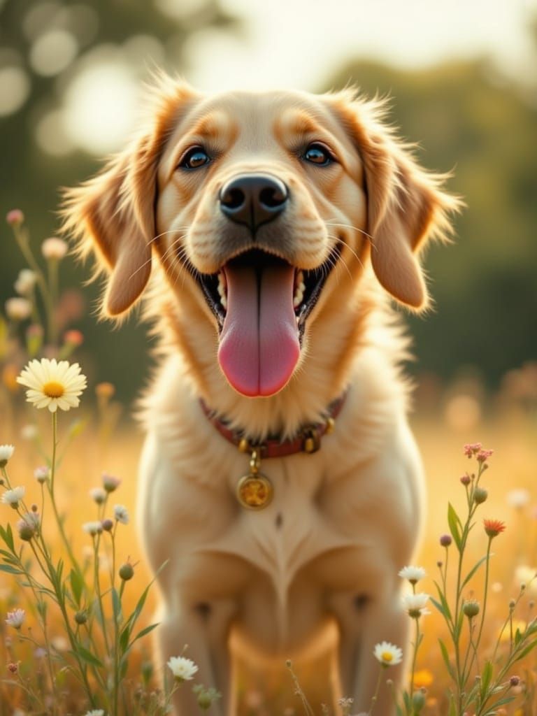 Pin-Up Dog Enjoys Sunny Flower Field
