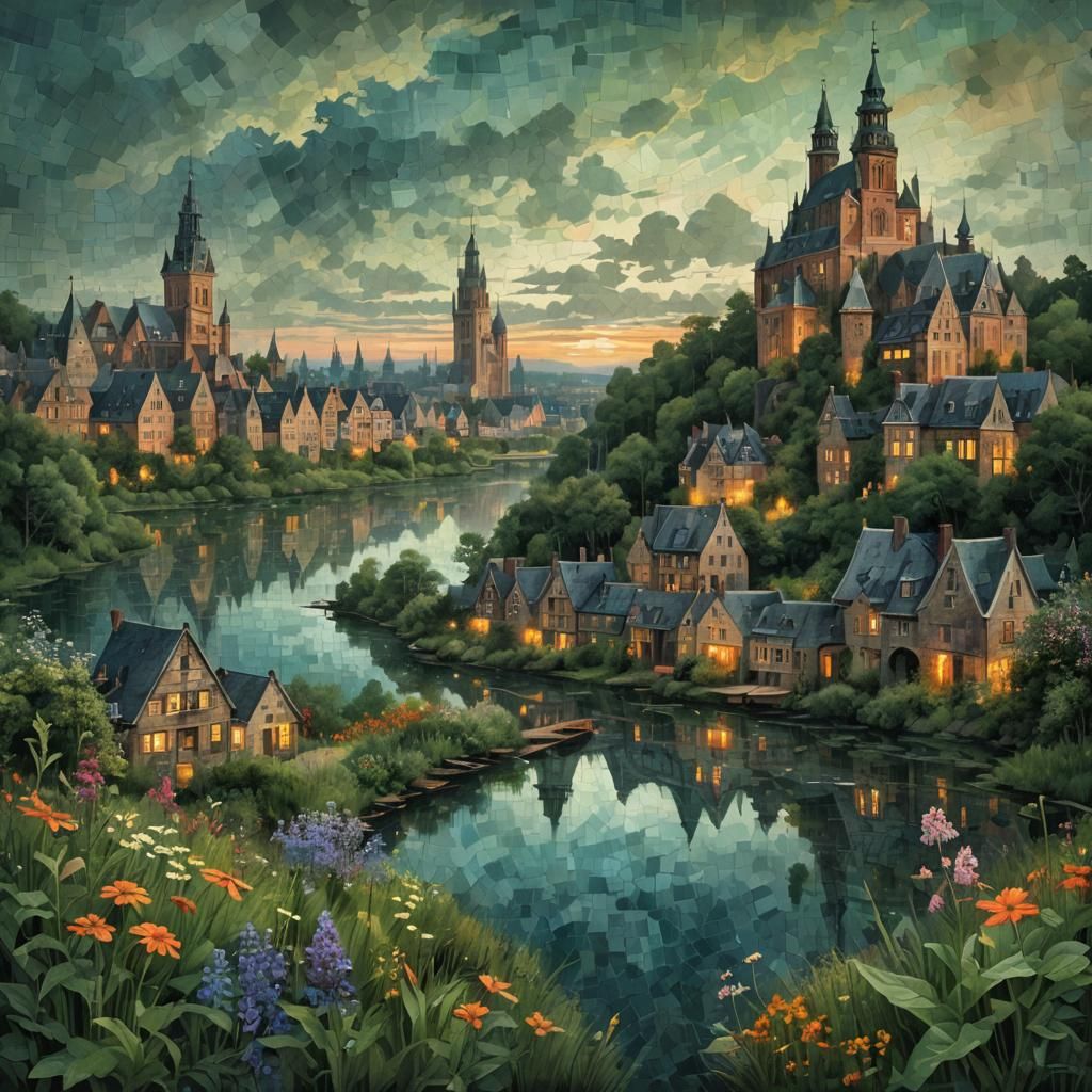 Utopian Cityscape at Twilight: A Digital Painting