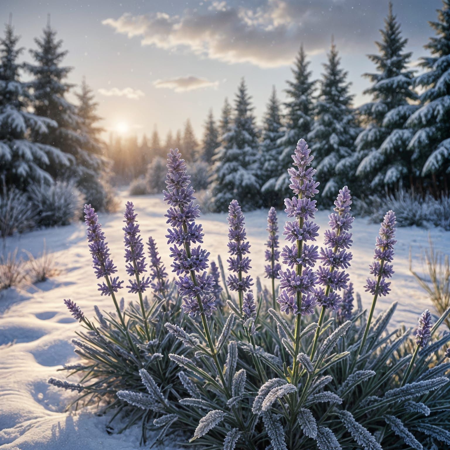 Realistic Winter Scene of a Frozen Lavender Plant