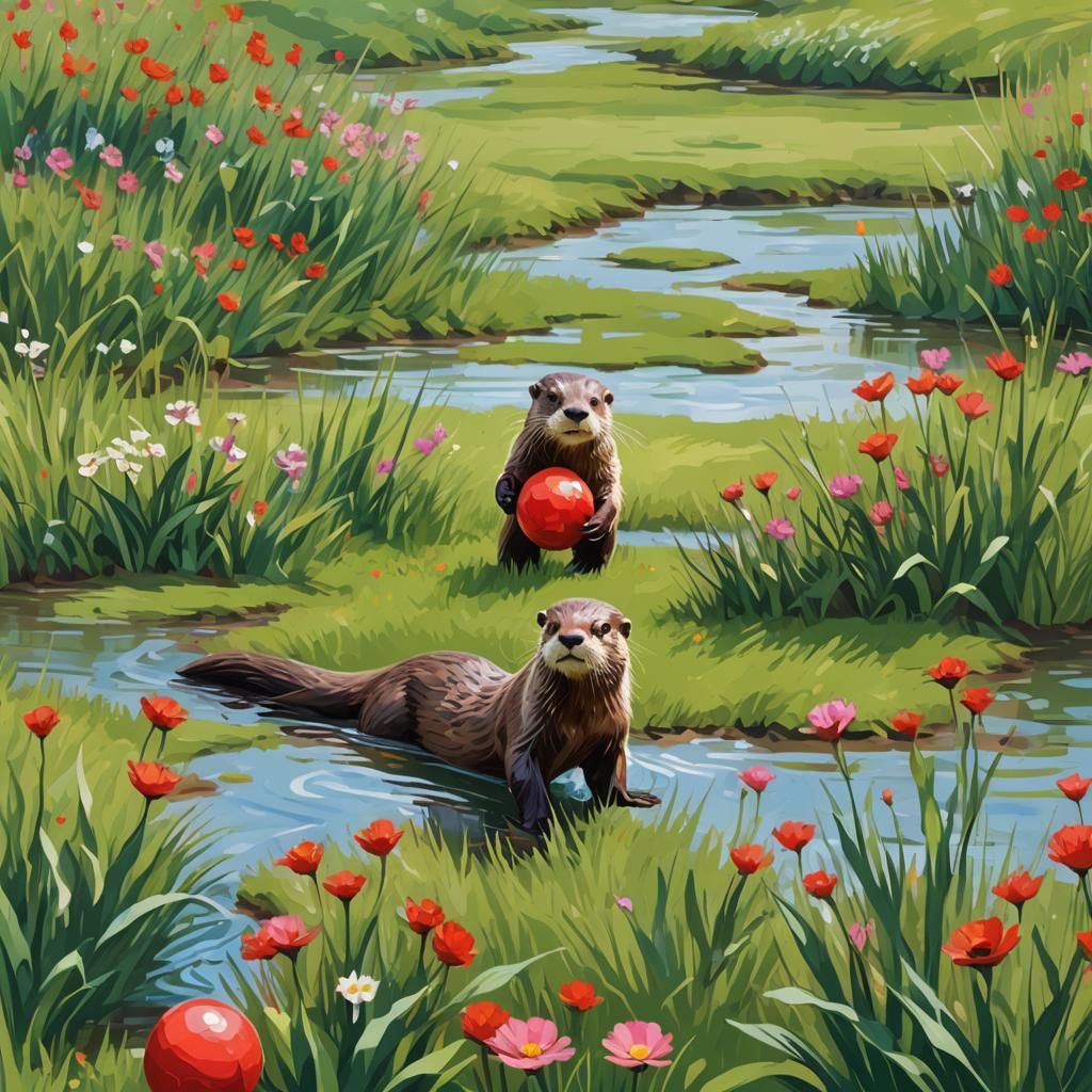 Playful Otter with Red Ball in Impressionist Style
