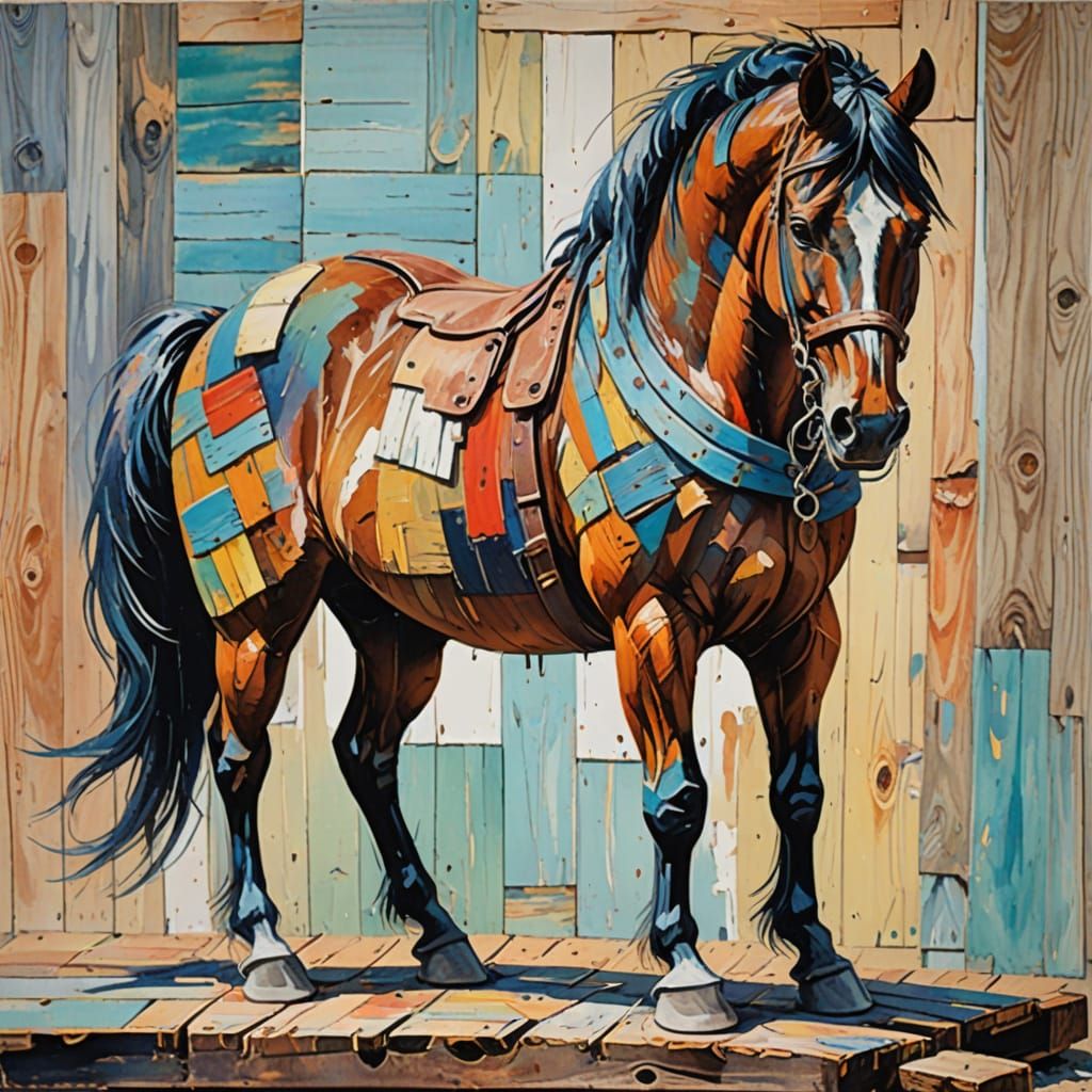 Wooden Horse in Vibrant Gouache