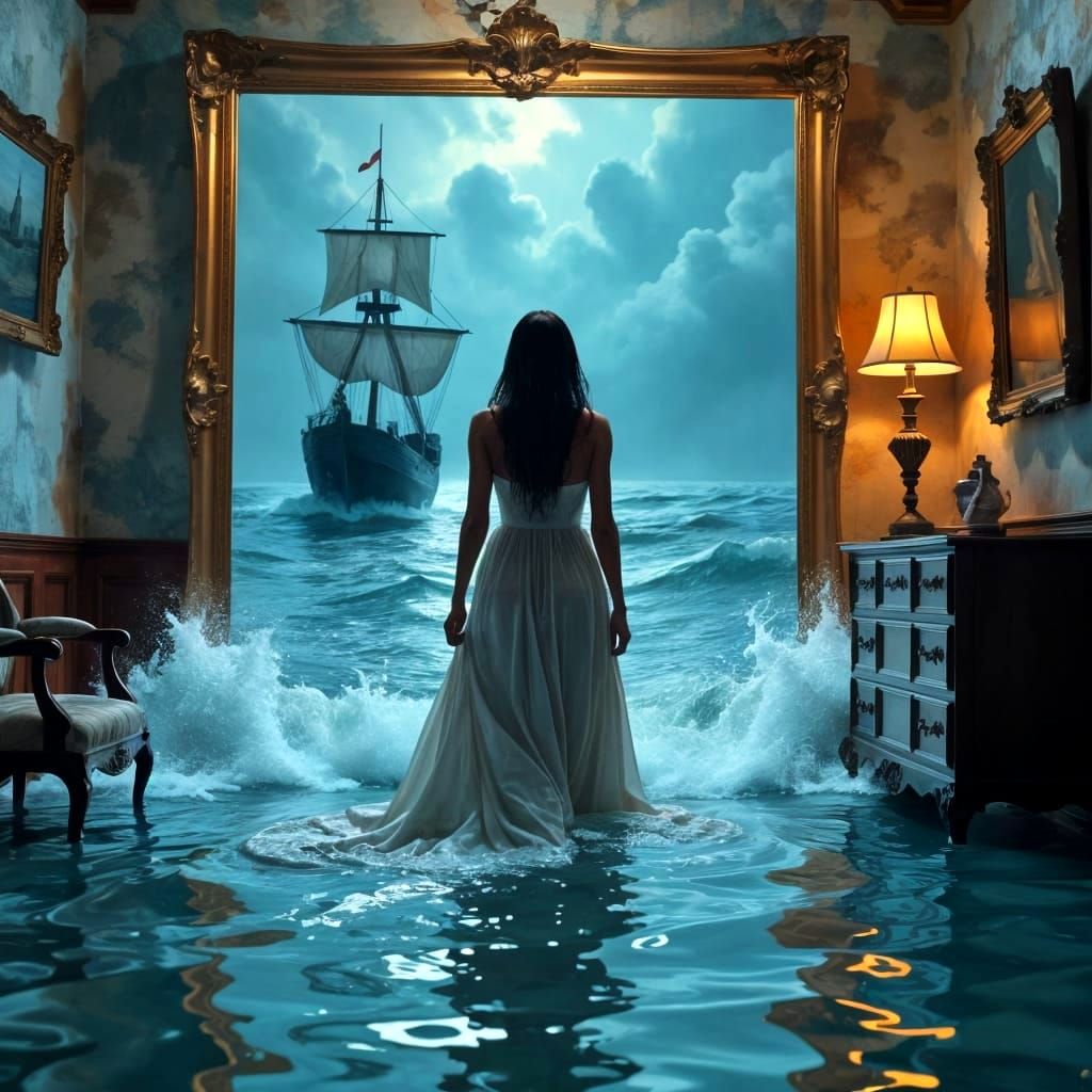 Surreal Flooded Room with Woman Emerging from Painting