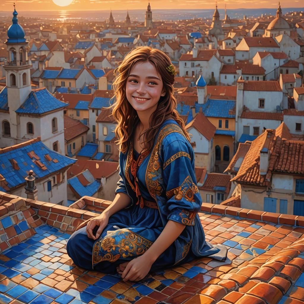 Girl on Azulejo Rooftop in Art Nouveau Style