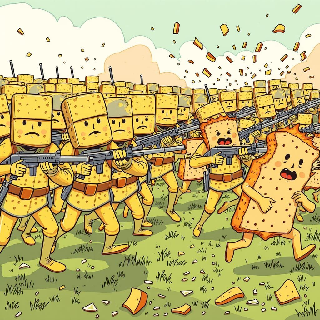 Crunchy Matzah Soldiers Charge in Cartoon Chaos