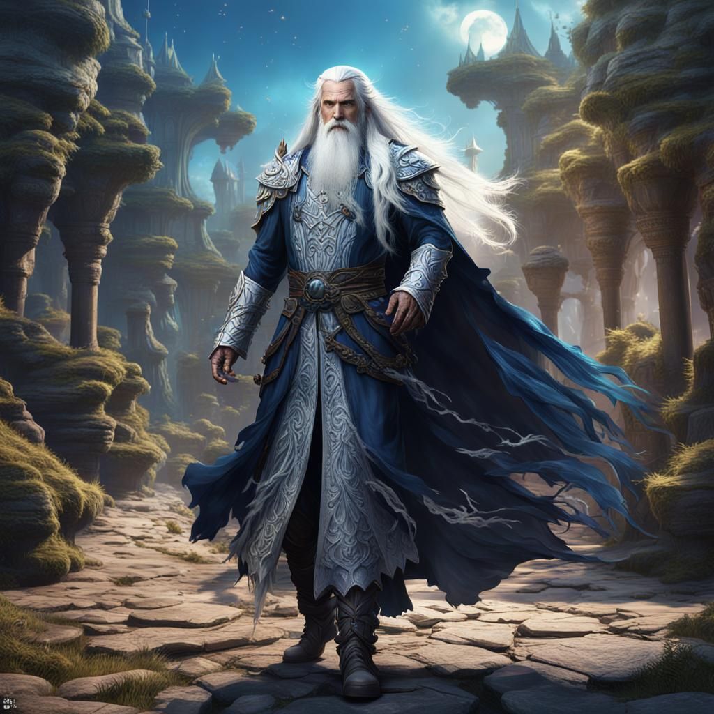 Fantasy Man with Long White Hair in Detailed Art