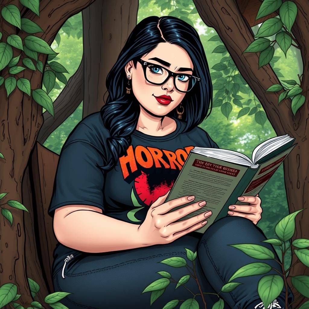 Woman Reading in Treehouse, Comic Book Art Style