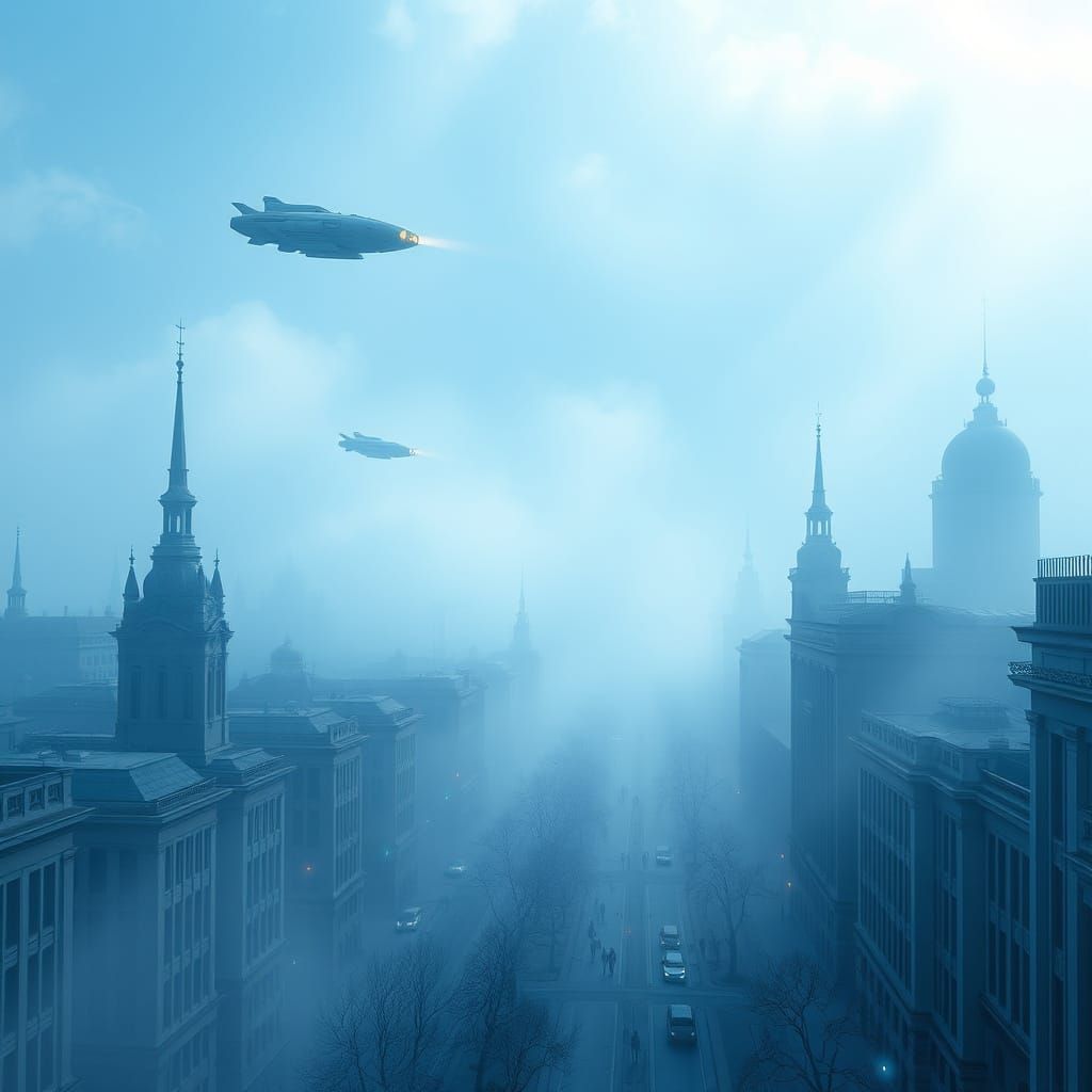 Futuristic Saint-Petersburg with Flying Cars and Robots