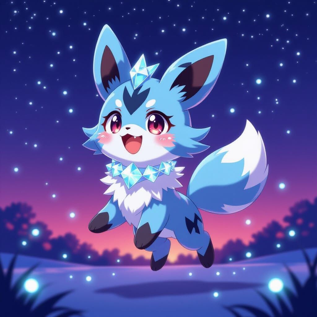 Chibi Glaceon Jumps Under Starry Sky