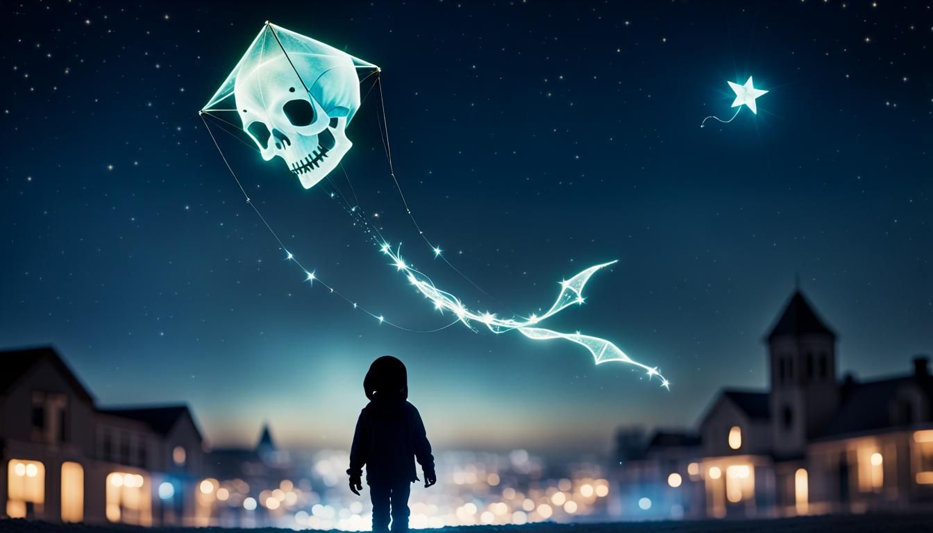 Ghostly Kite with Bioluminescent Skull Over Cityscape