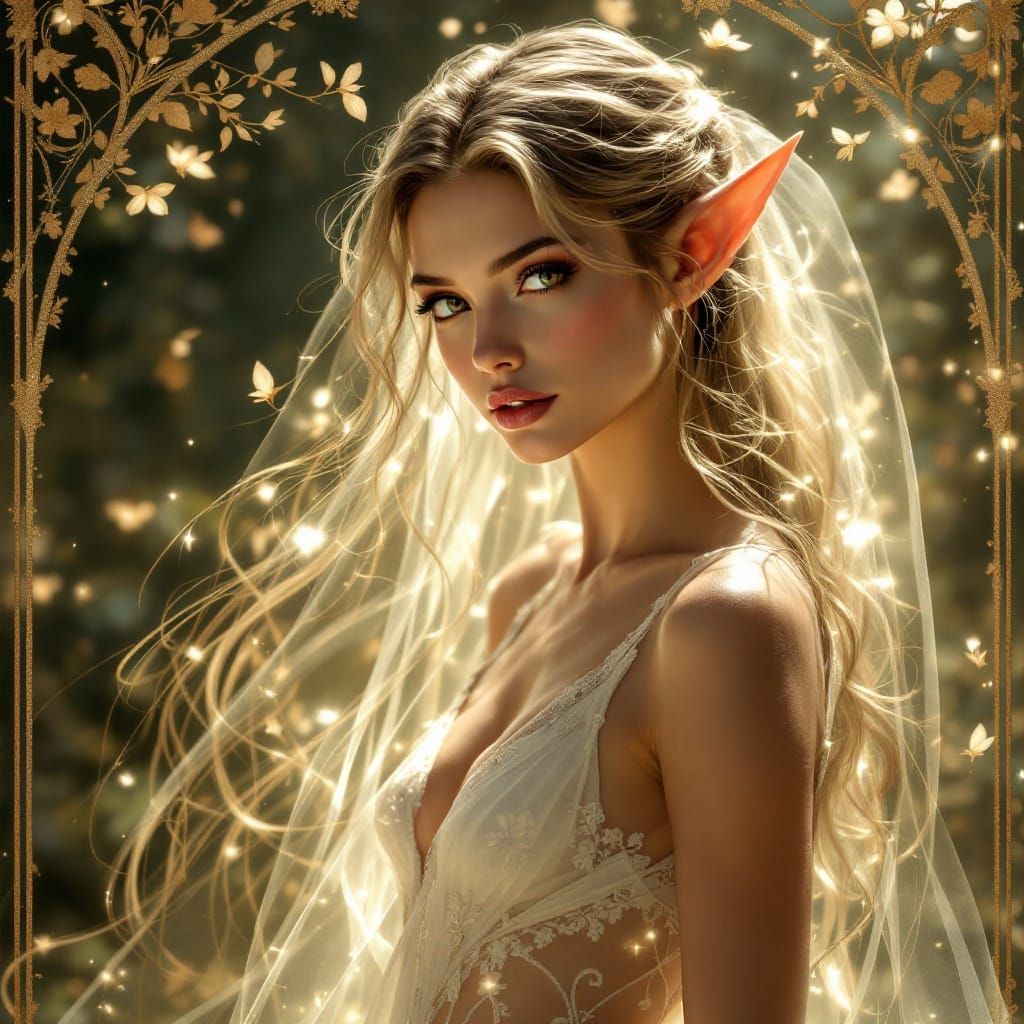 Ethereal Elf Pinup in Art Nouveau Style