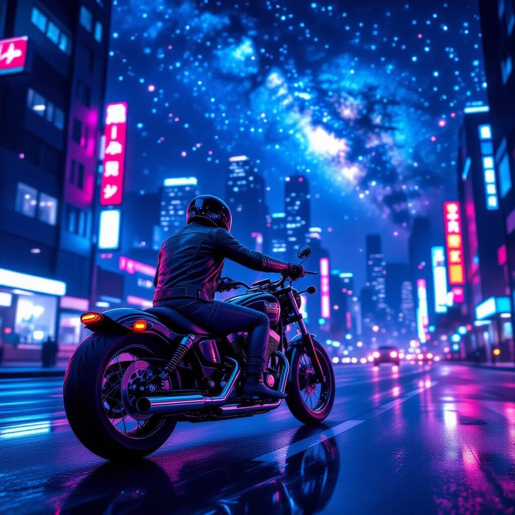 Cyberpunk Motorcyclist Rides Through Neon City