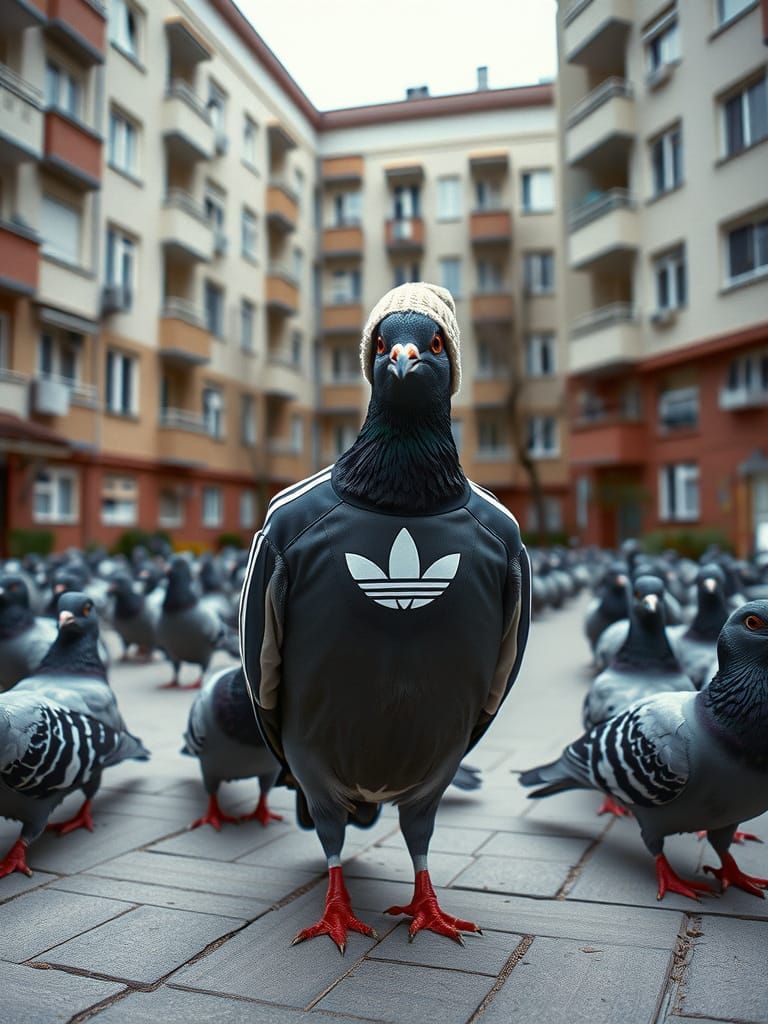 Surreal Street Scene in Soviet City, Hyperrealistic Pigeon H...