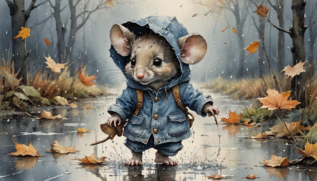 Adorable Mouse in Autumn Rain, Watercolor Style