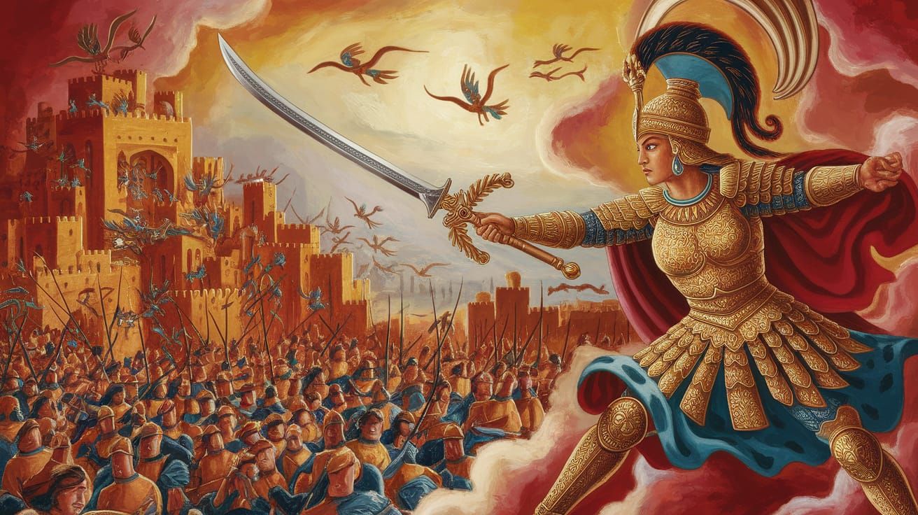 Warrior Queen Leads Army in Persian Miniature Style