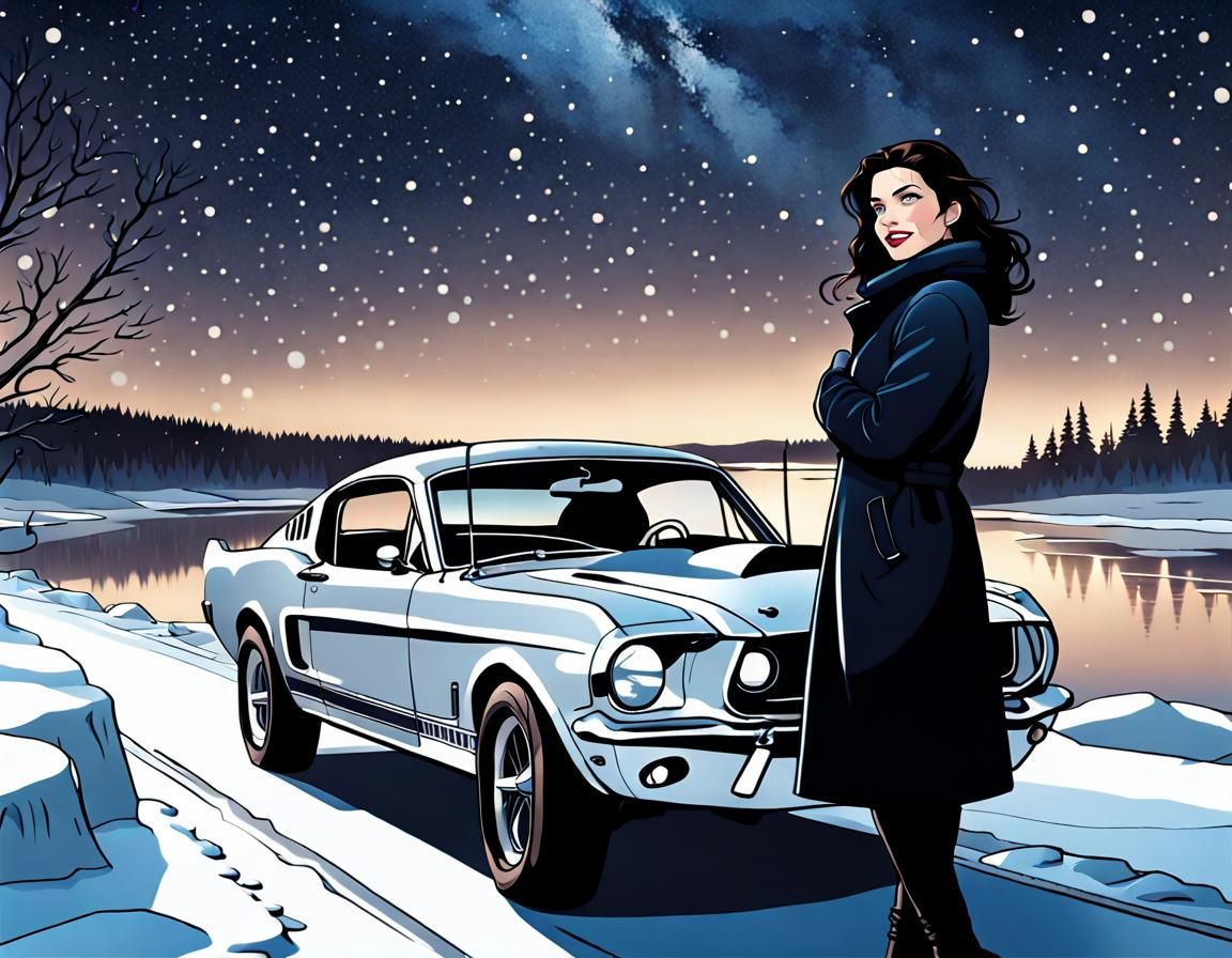 Woman and Mustang Under Winter Sky in Comic Art