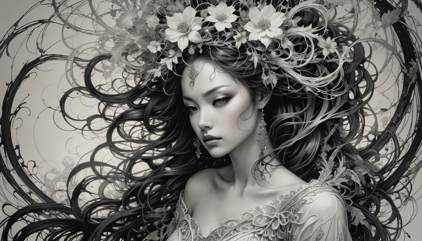 Ethereal Woman Portrait in Black and White Ink Drawing
