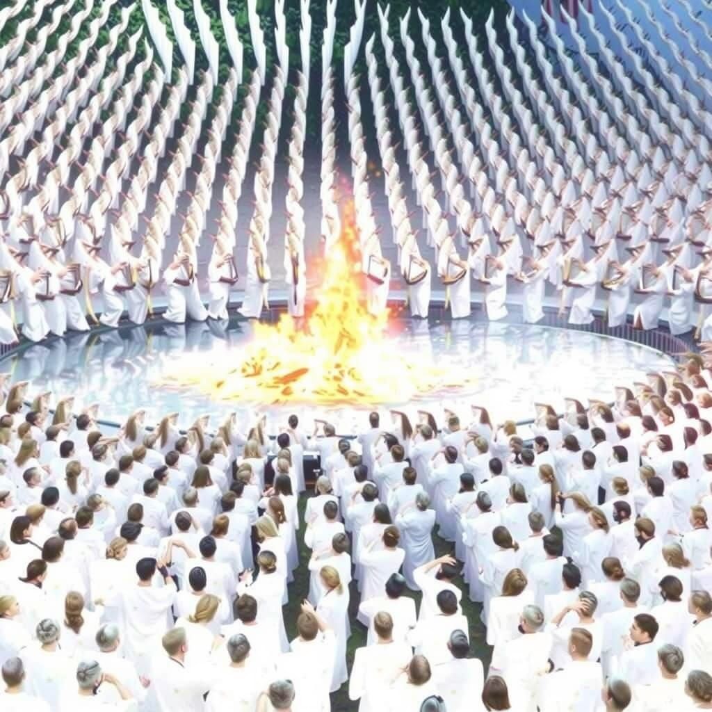 Harp Players in White Sit by Serene Water Basin with Burning...