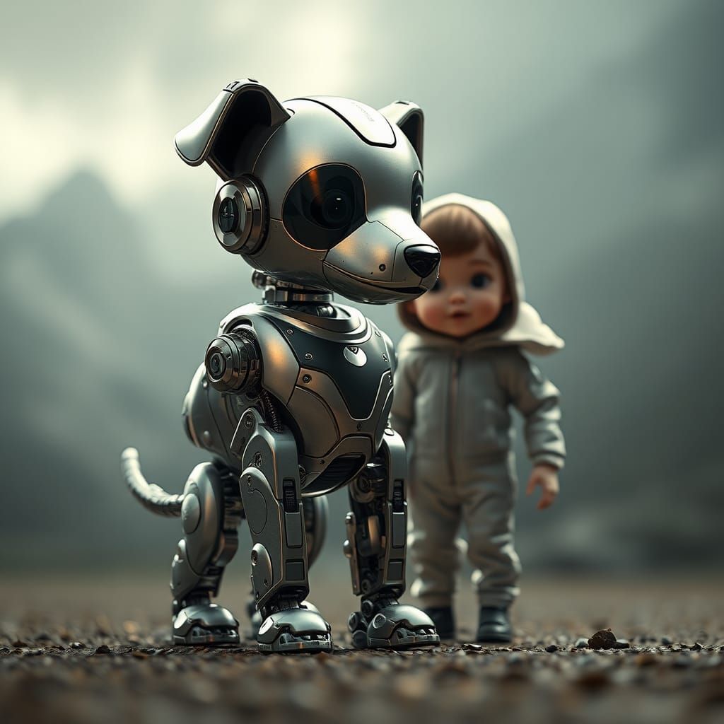 Heroic Robot Dog Protecting Child in Sci-Fi Setting