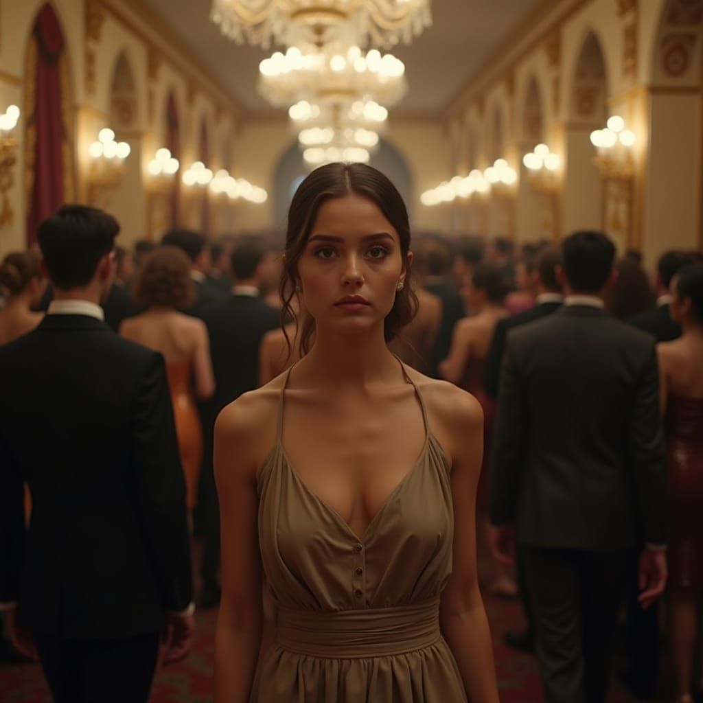 Elegant Outfit in a High-Society Ballroom