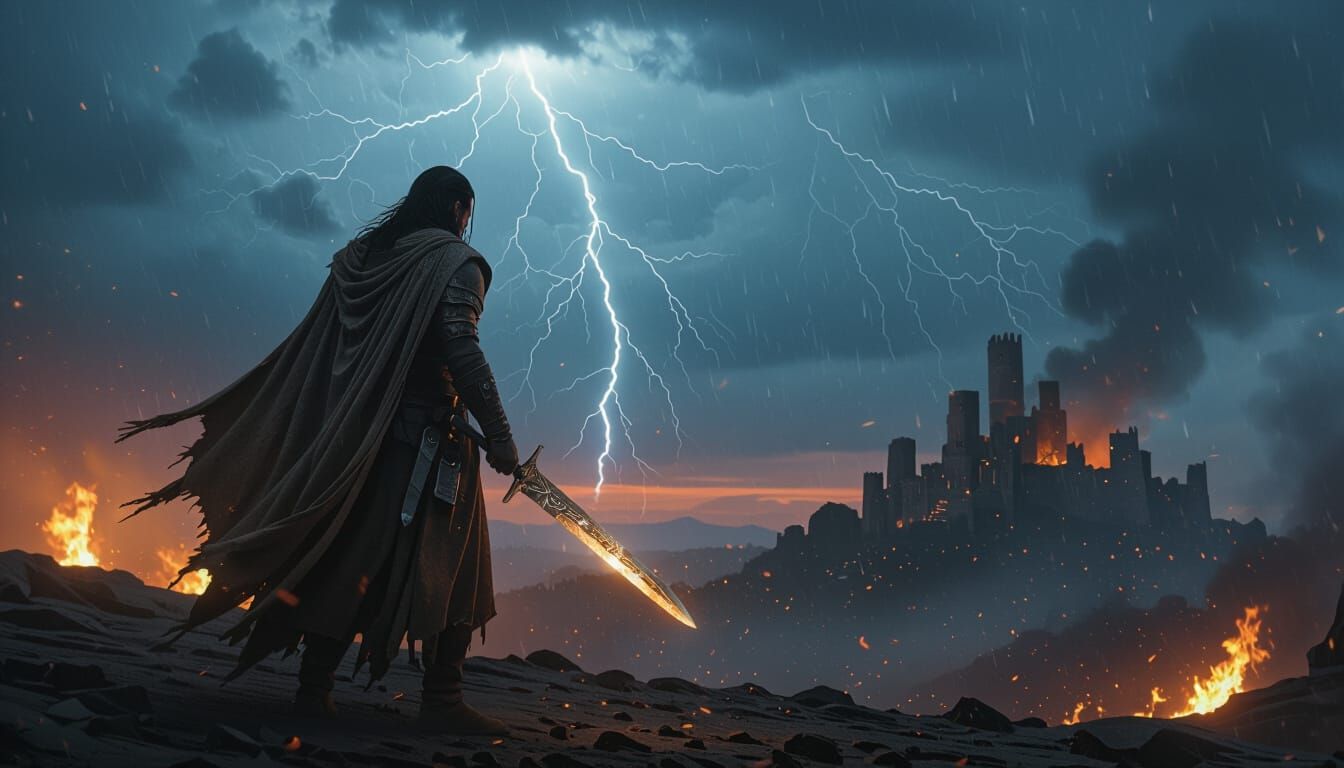 Warrior on Burning Battlefield in Cinematic Style