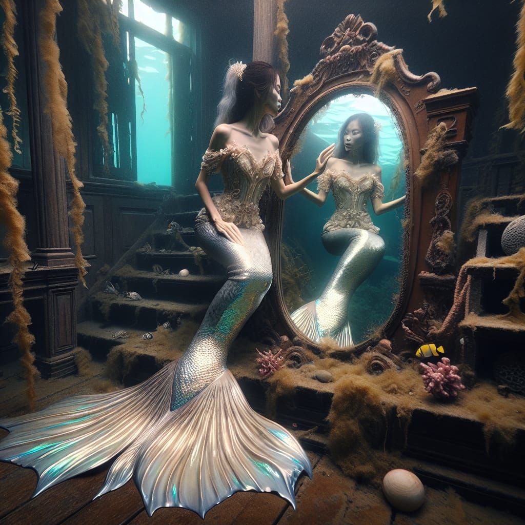 Asian Mermaid in Submerged Victorian Stateroom